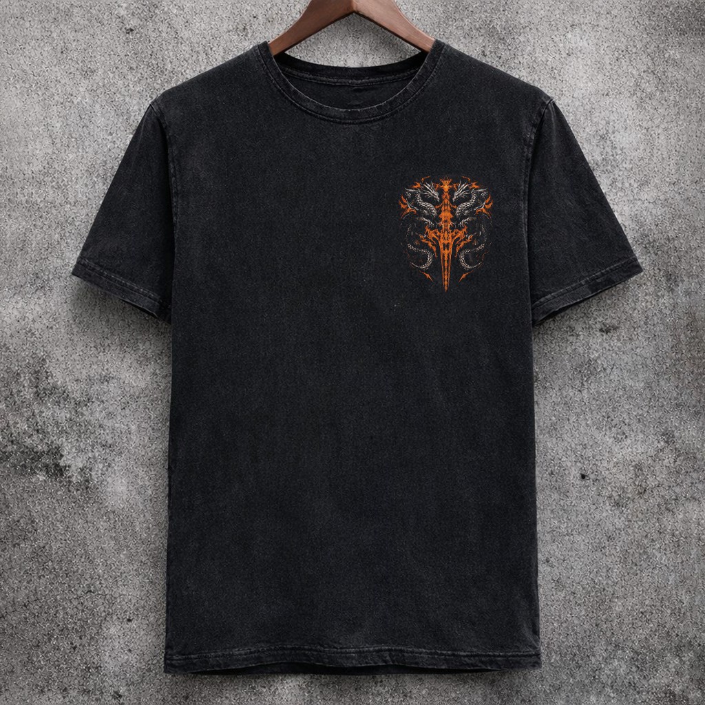 Dragon & Tribal Sword Print T-Shirt Washed Black Distressed Vintage Short Sleeve Tee - Graphic Tees from NINEDGE