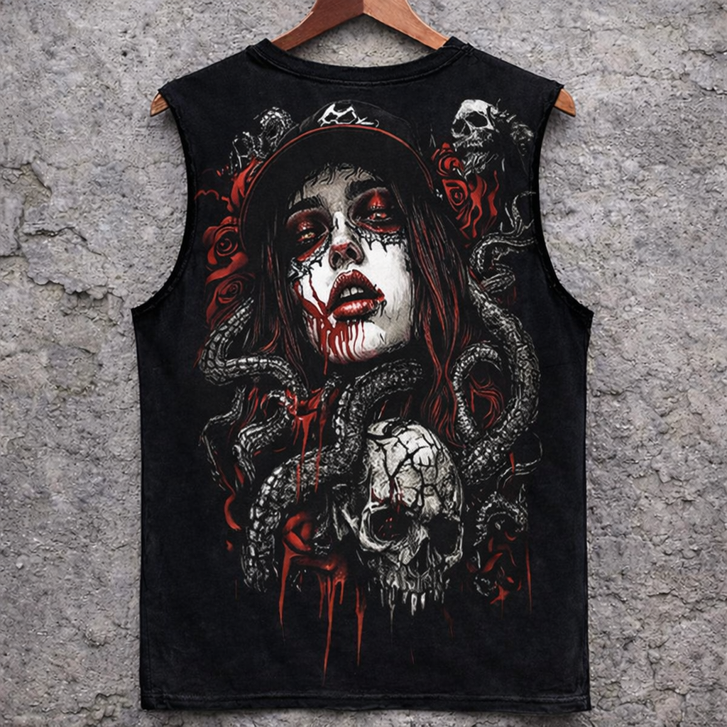 Dark Art Skull Woman Graphic Tank Top Black Sleeveless Gothic Style - Tanks & Sleeveless from NINEDGE