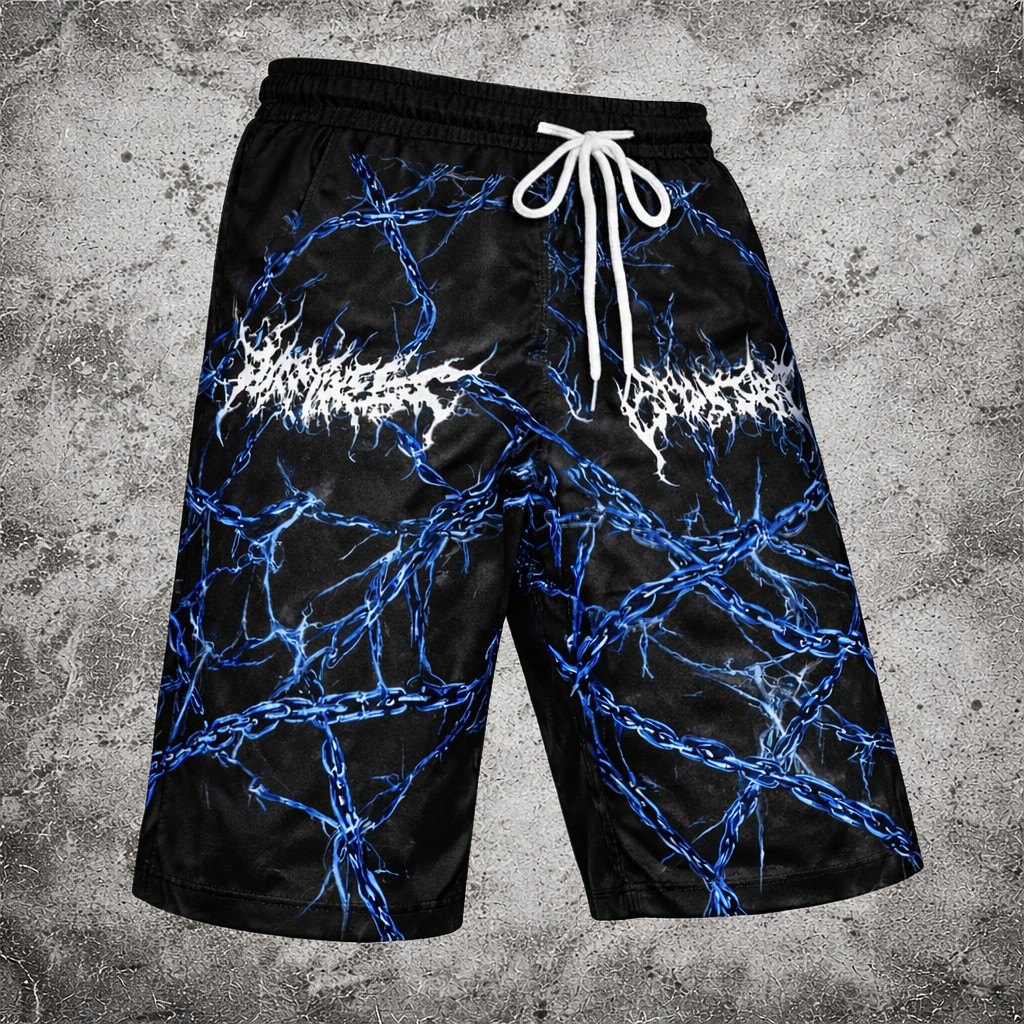Black Chain Print Shorts Gothic Graphic Drawstring Waist Streetwear Casual - Shorts from NINEDGE