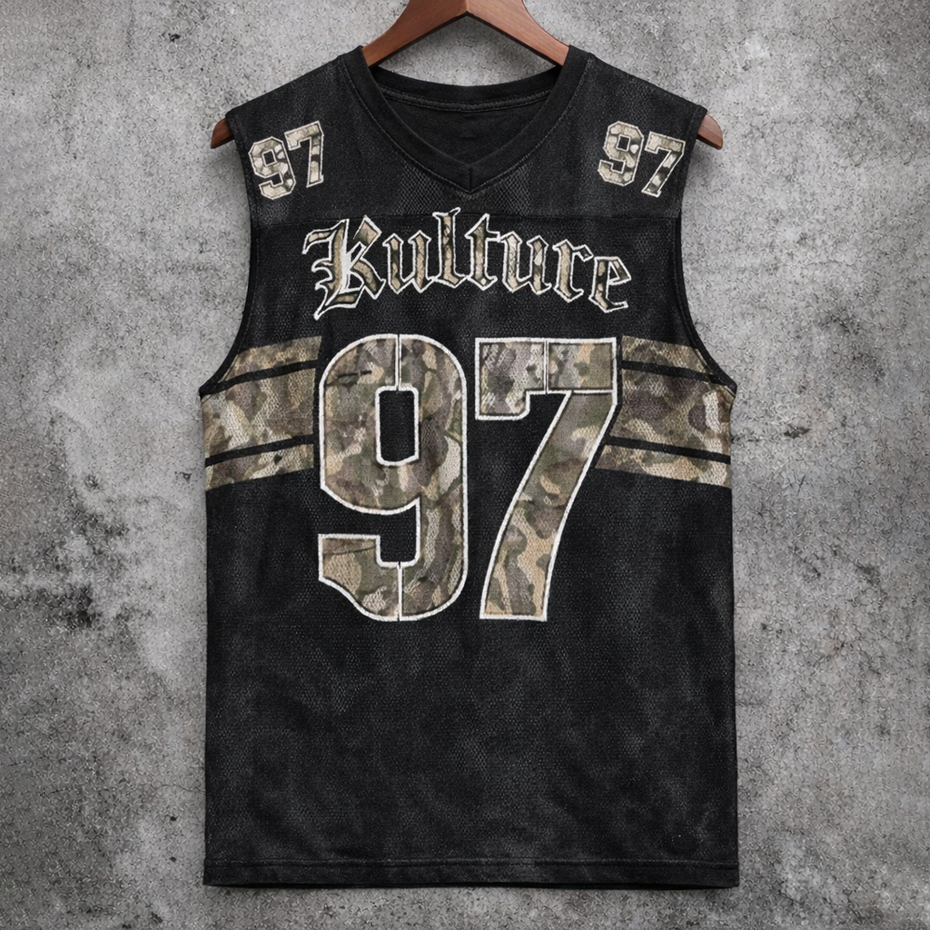 Black Camo 'Kulture' 97 Graphic Sleeveless Jersey Streetwear V-Neck Tank Top - Tanks & Sleeveless from NINEDGE