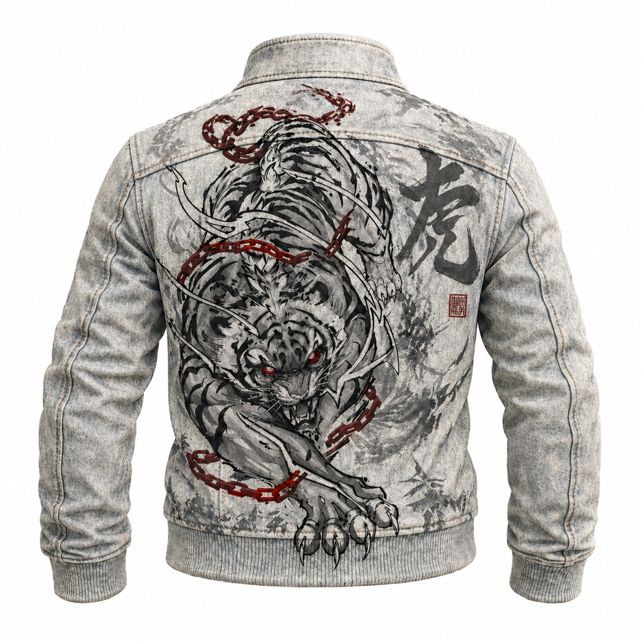 Chained Tiger Print Graphic Denim Jacket Light Wash Bomber Style Jacket - Graphic Jackets from NINEDGE