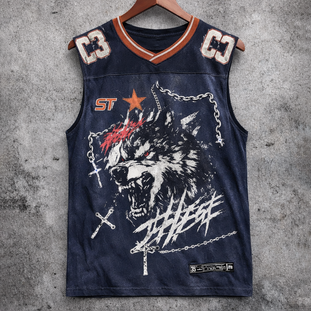 Wolf Graphic Sleeveless Jersey Vest Distressed Grunge V-Neck Top - Tanks & Sleeveless from NINEDGE