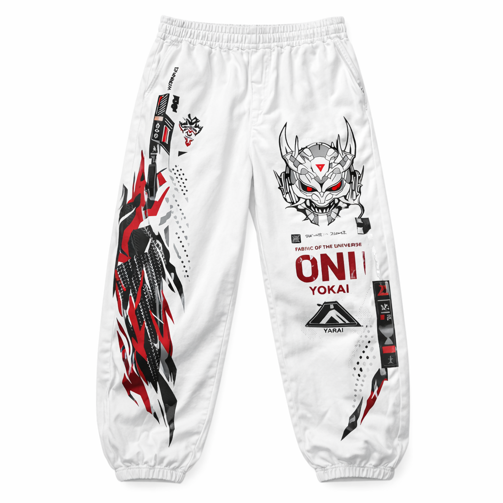 Streetwear Graphic Print Techwear Jogger Pants White Oni Mask Urban Loose Fit - Pants & Joggers from NINEDGE