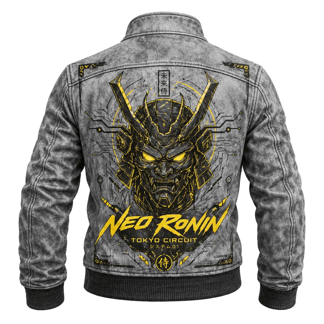 Graphic Denim Jacket Neo Ronin Samurai Back Graphic Washed Grey Long Sleeve - Graphic Jackets from NINEDGE