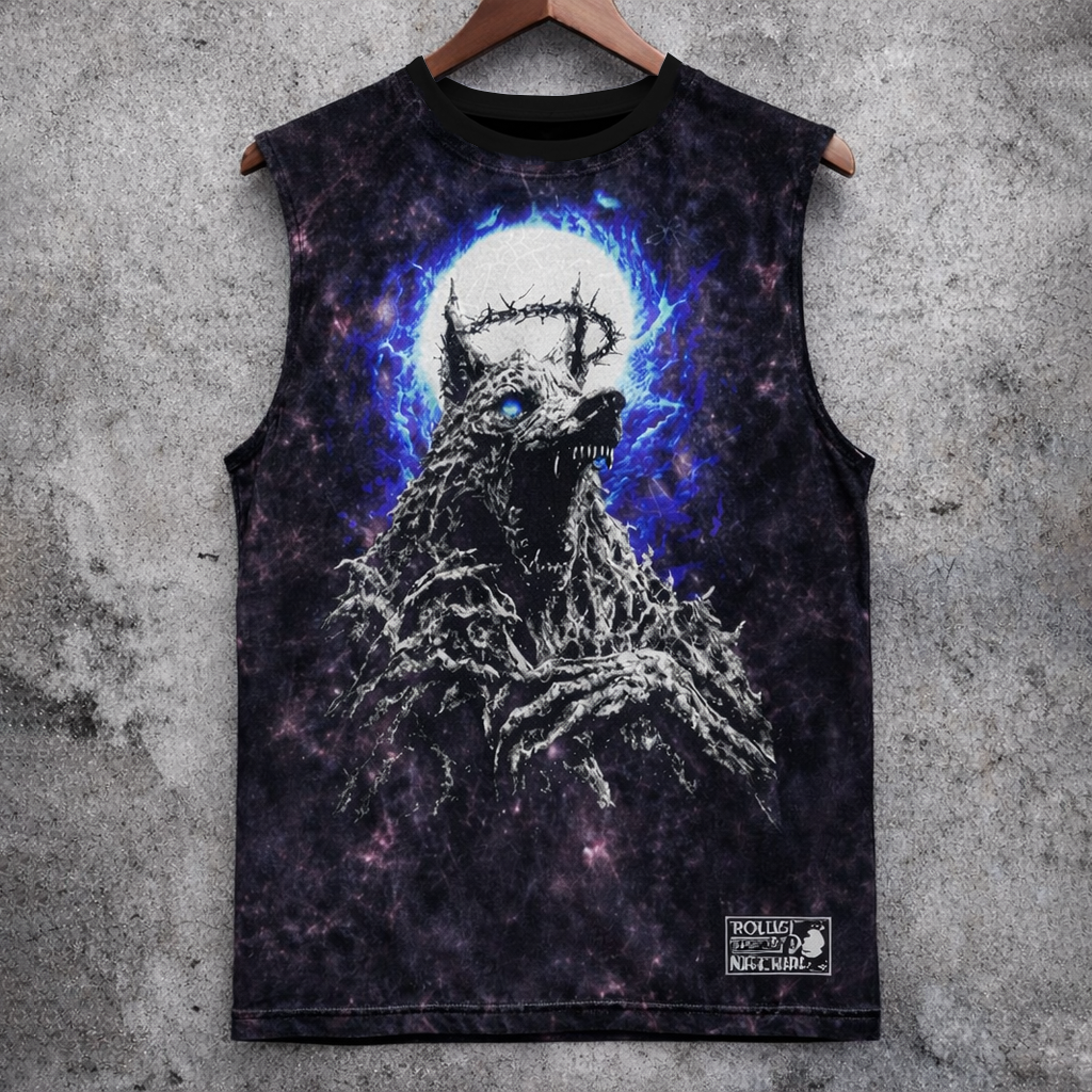Sleeveless Tank Top Dark Wolf Moon Graphic Print Acid Wash Grunge Vest - Tanks & Sleeveless from NINEDGE