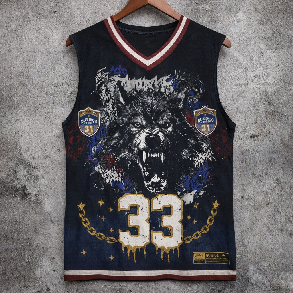 Wolf Graphic Sleeveless Jersey Grunge Streetwear V-Neck Tank Top - Tanks & Sleeveless from NINEDGE