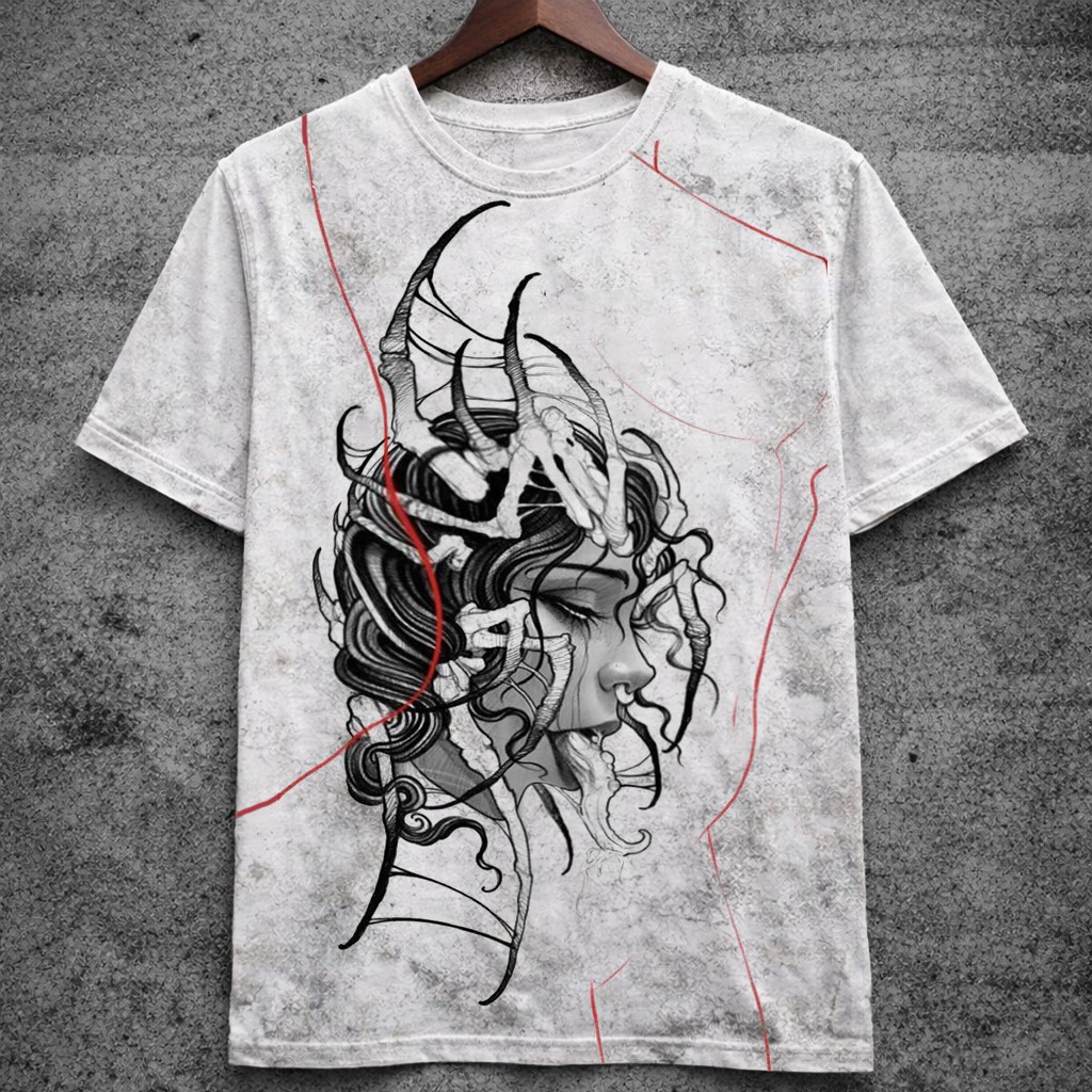 Dark Art Print T-Shirt Surreal Face Graphic Short Sleeve Streetwear Tee - Graphic Tees from NINEDGE