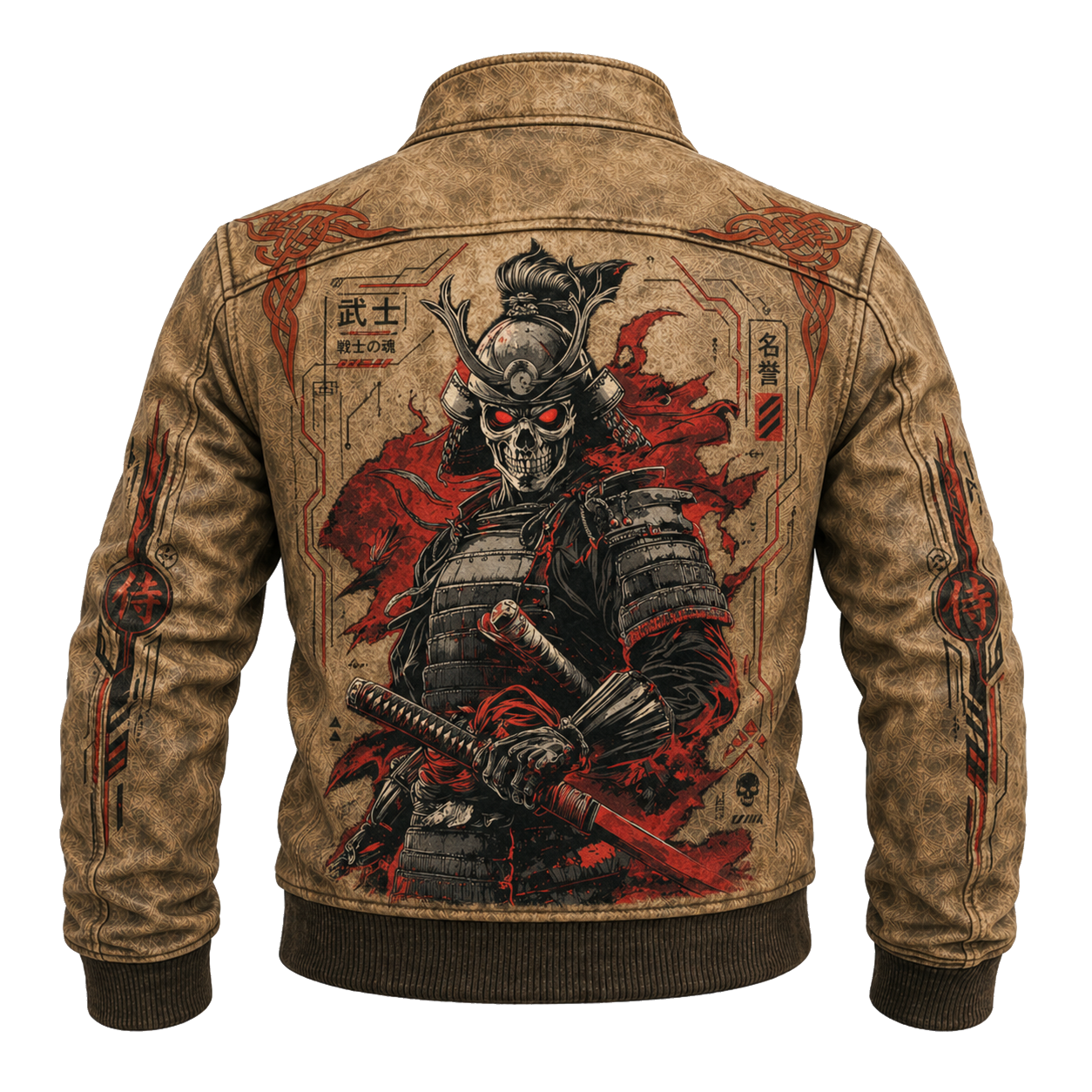 Washed Graphic Denim Jacket Bomber Samurai Skull Graphic Long Sleeve Jacket - Graphic Jackets from NINEDGE