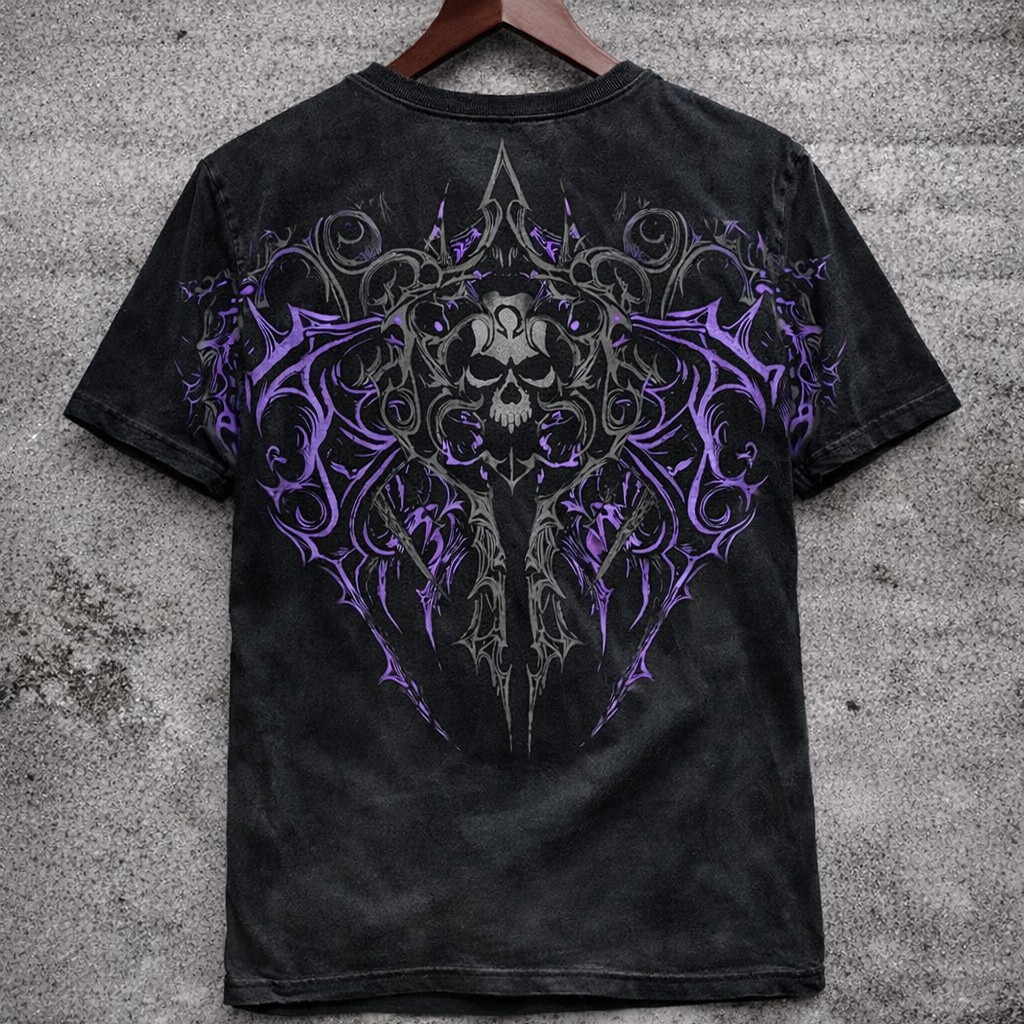 Gothic Skull Graphic T-Shirt Washed Black Purple Print Short Sleeve Grunge Style - Graphic Tees from NINEDGE