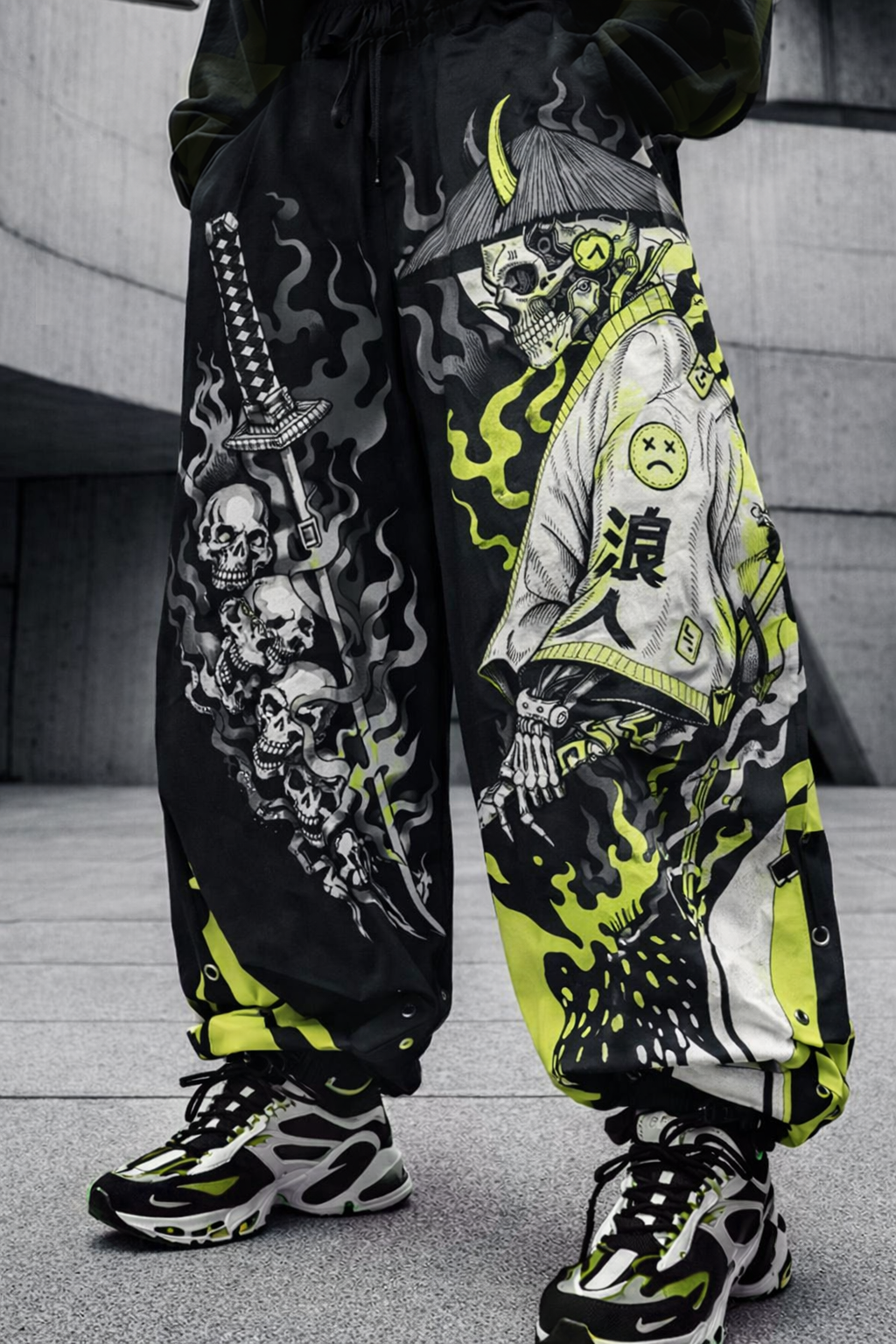 Skull Samurai Graphic Techwear Joggers Neon Green Black Drawstring Streetwear Trousers - Pants & Joggers from NINEDGE