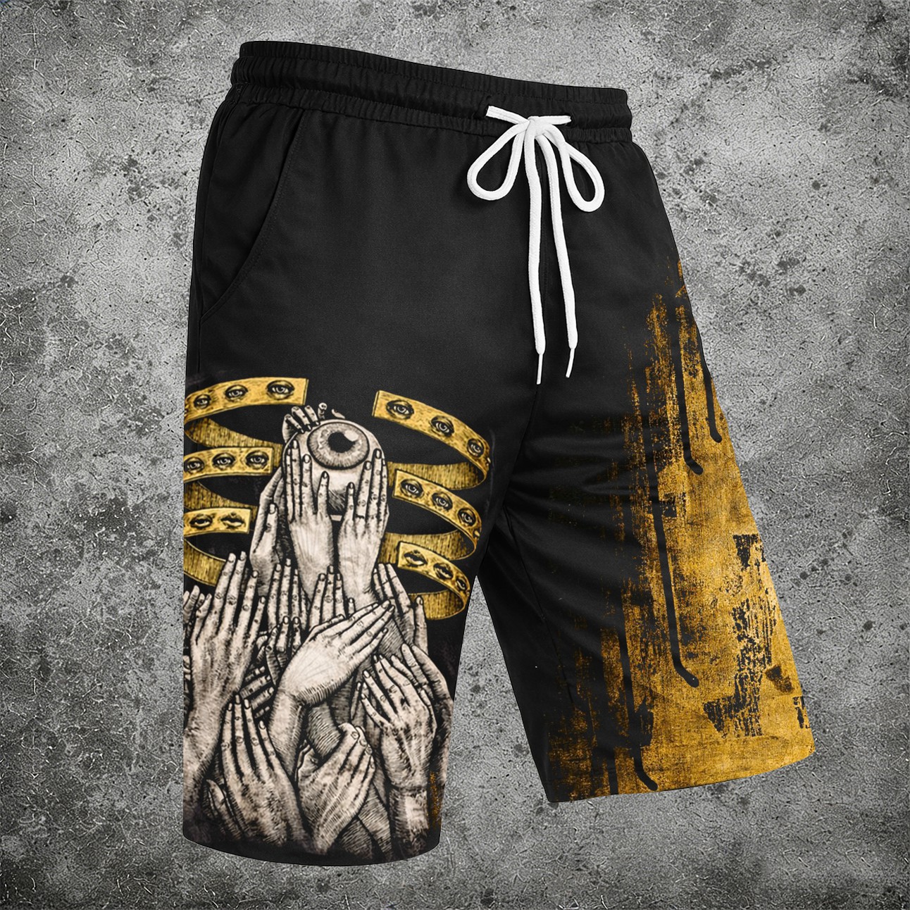 Graphic Print Drawstring Shorts Abstract Eye Black Gold Casual - Shorts from NINEDGE