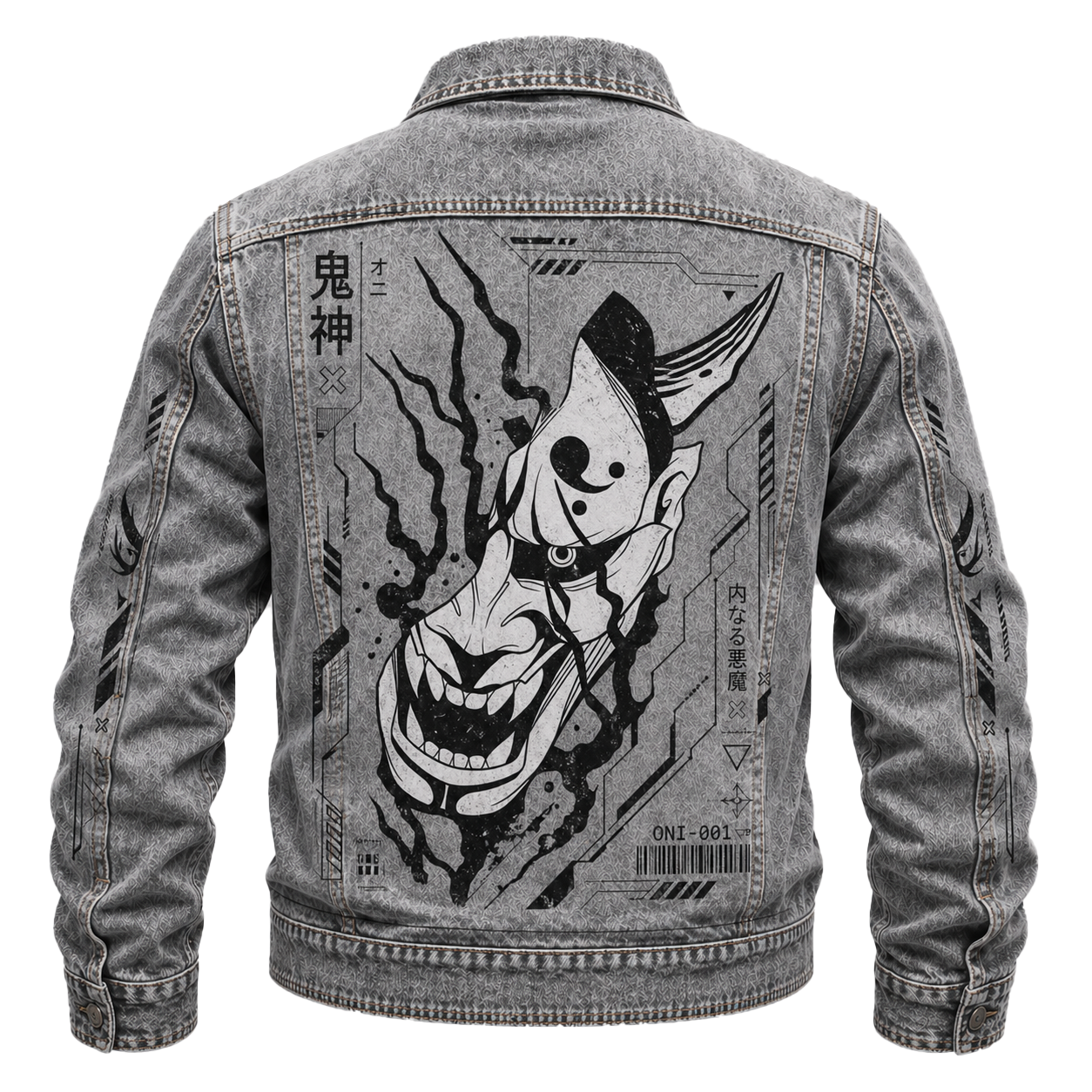 Graphic Denim Jacket Oni Mask Graphic Print Grey Acid Wash Long Sleeve - Graphic Jackets from NINEDGE