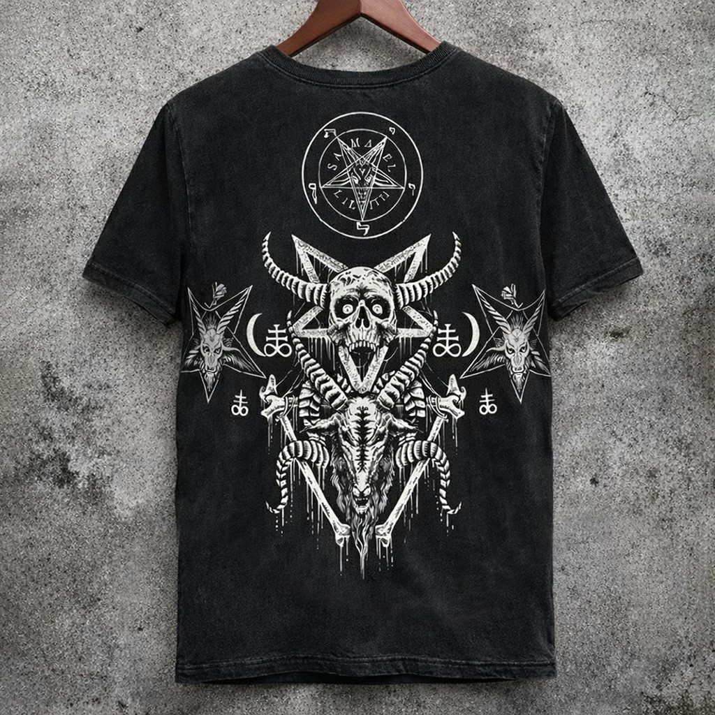Baphomet Skull Graphic Washed Black T-Shirt Gothic Occult Vintage Distressed Short Sleeve - Graphic Tees from NINEDGE