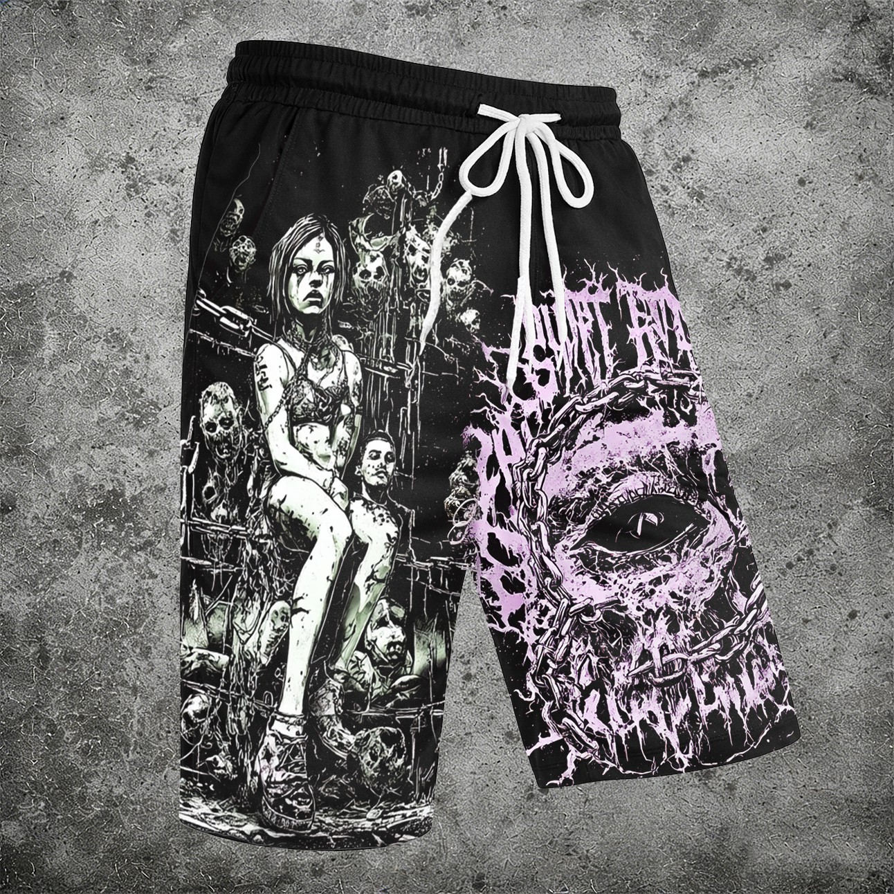 Dark Art Graphic Print Shorts Black & Purple Skull Chains Streetwear Drawstring - Shorts from NINEDGE
