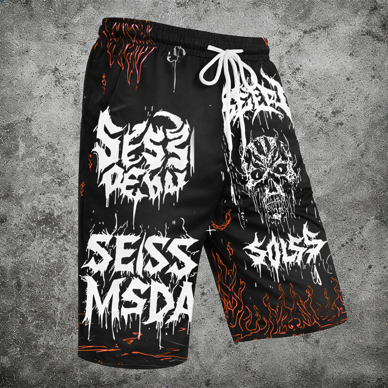 Grunge Skull & Flame Graphic Print Shorts Black Streetwear Drawstring Waist - Shorts from NINEDGE