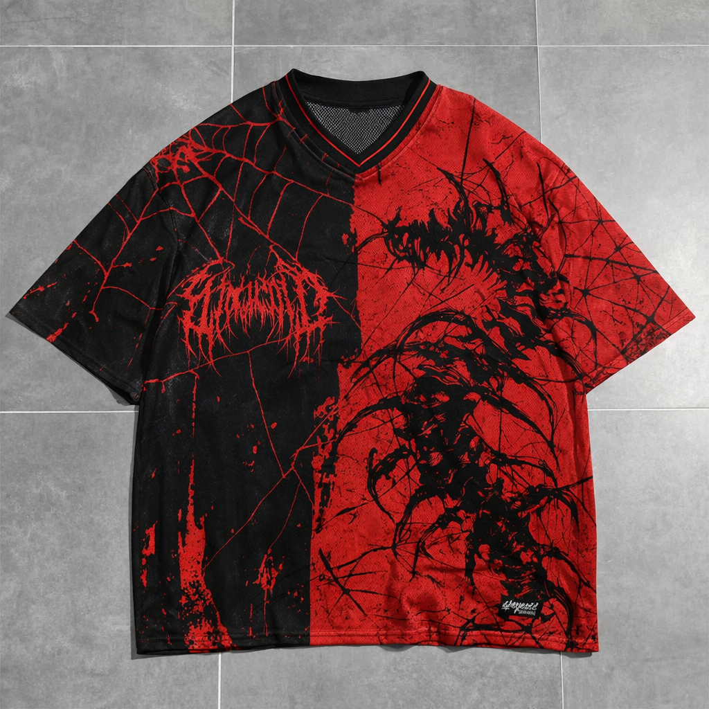 Split Color Graphic T-Shirt Black Red V-Neck Short Sleeve Streetwear Top - Graphic Tees from NINEDGE