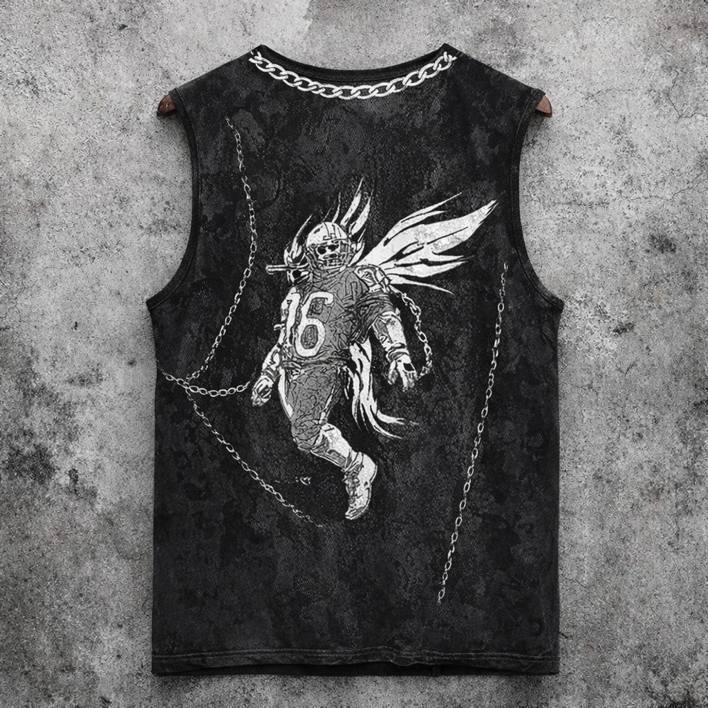 Distressed Graphic Sleeveless T-Shirt Grunge Football Player & Chain Print - Tanks & Sleeveless from NINEDGE