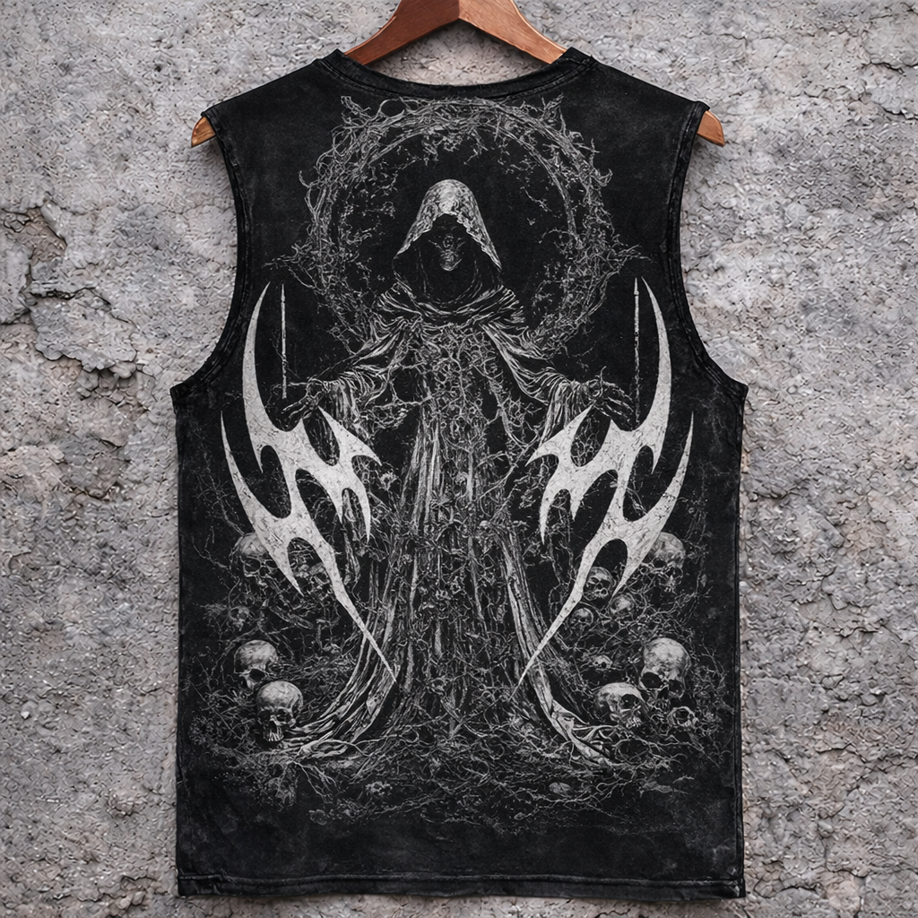 Gothic Reaper Skull Graphic Print Washed Black Sleeveless Tank Top Distressed Streetwear - Tanks & Sleeveless from NINEDGE