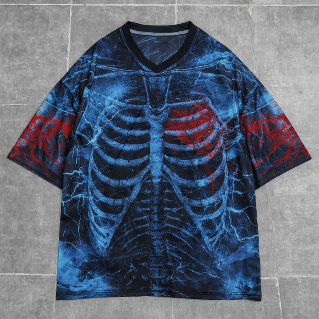 Skeleton Ribcage Graphic T-Shirt Electric Blue Grunge Oversized V-Neck Short Sleeve - Graphic Tees from NINEDGE