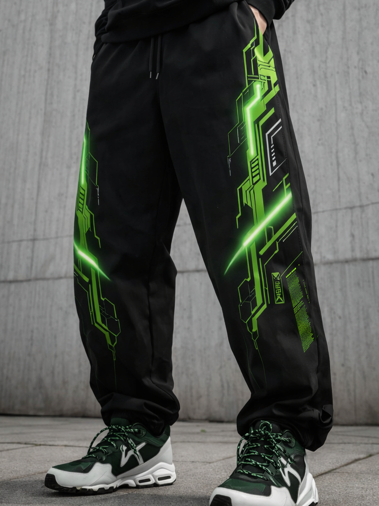 Black Jogger Techwear Pants Neon Green Cyber Graphic Print Streetwear Style - Pants & Joggers from NINEDGE