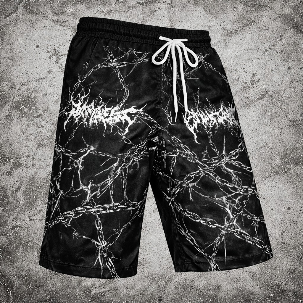 Black Chain Print Shorts Gothic Graphic Drawstring Waist Streetwear Casual - Shorts from NINEDGE