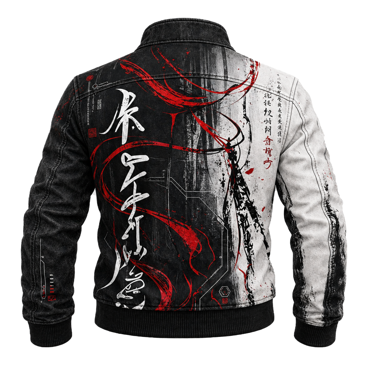 Graphic Denim Jacket Japanese Calligraphy Abstract Graphic Black White Red Split - Graphic Jackets from NINEDGE