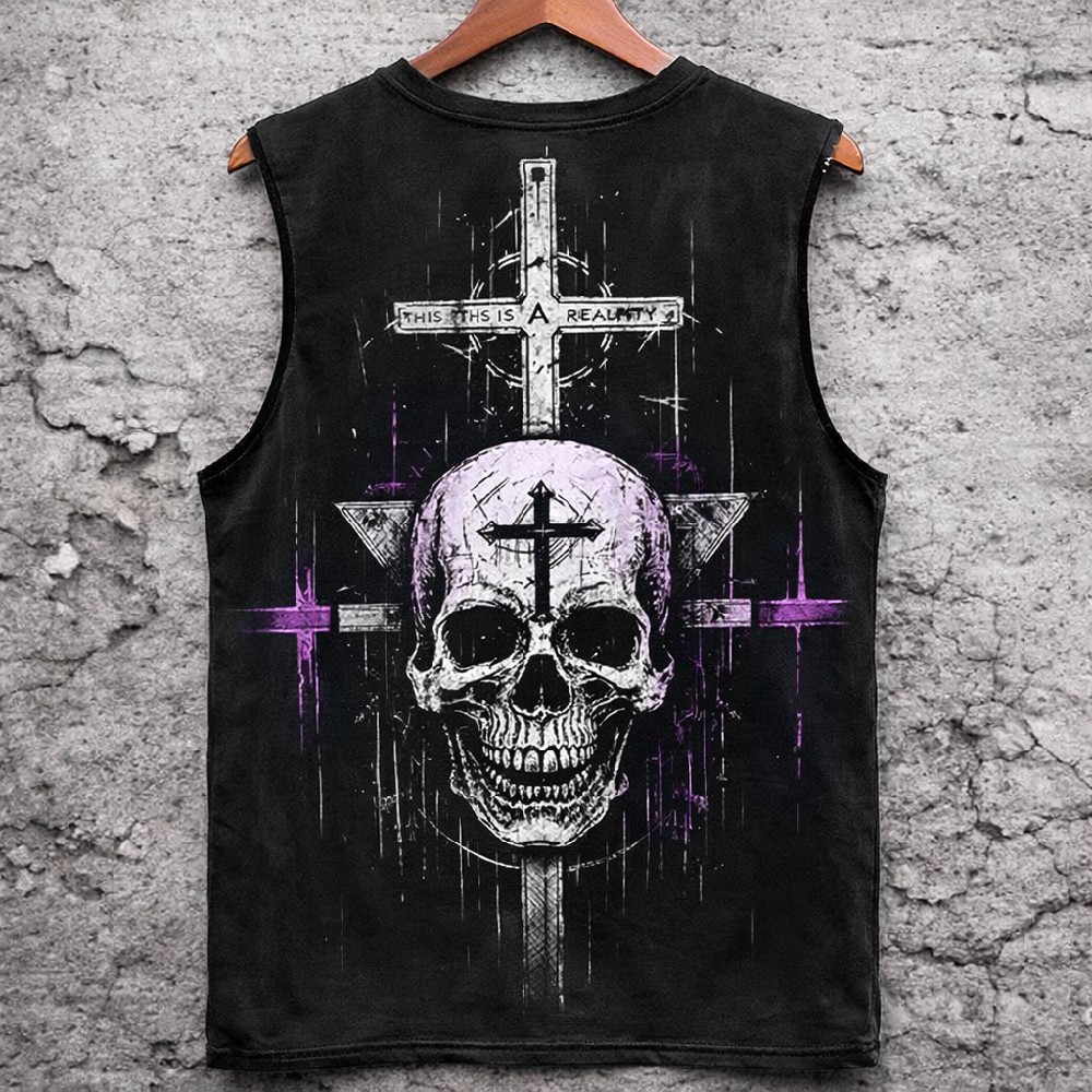 Unisex Gothic Skull & Cross Graphic Sleeveless Tank Top - Black Grunge Style