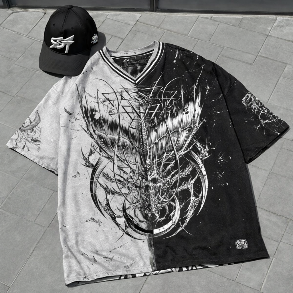 Split Color Block T-Shirt Black Grey Intricate Graphic Print V-Neck Streetwear Tee - Graphic Tees from NINEDGE
