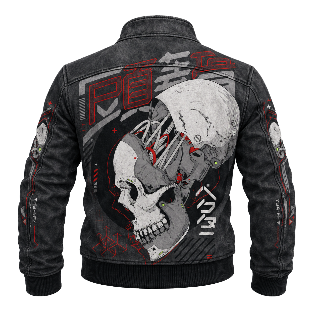 Graphic Denim Jacket Cyberpunk Skull Graphic Washed Black Stand Collar Jacket - Graphic Jackets from NINEDGE