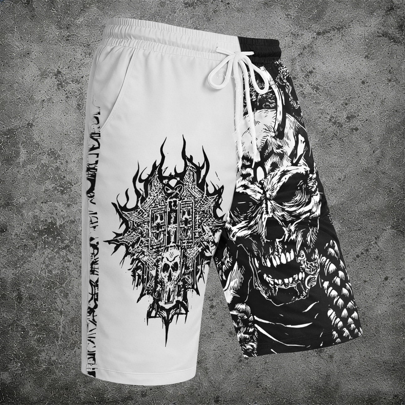 Black & White Split Graphic Shorts Skull Print Grunge Drawstring Casual - Shorts from NINEDGE