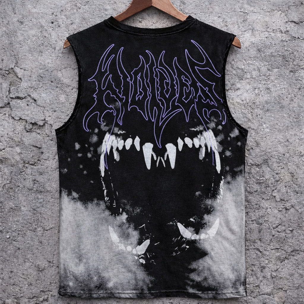 Acid Wash Sleeveless T-Shirt Fangs Graphic & Purple Text Grunge Tank Top - Tanks & Sleeveless from NINEDGE