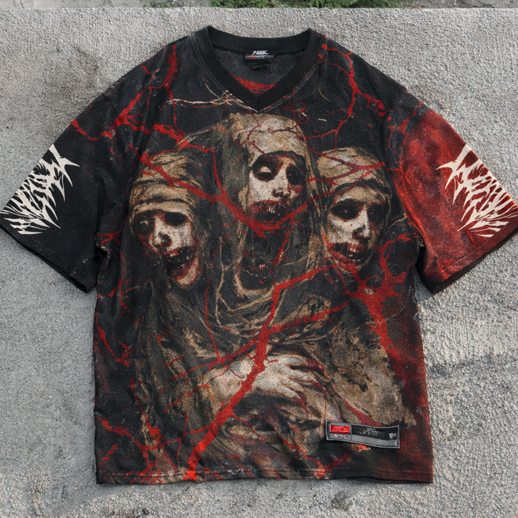 Gothic Horror Graphic Short Sleeve T-Shirt Zombie Faces & Red Veins Grunge V-Neck - Graphic Tees from NINEDGE
