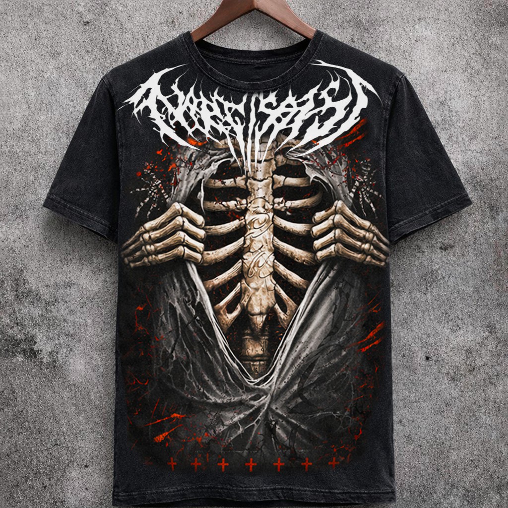 Distressed Skeleton Rib Cage Graphic T-Shirt Washed Black Short Sleeve Top - Graphic Tees from NINEDGE