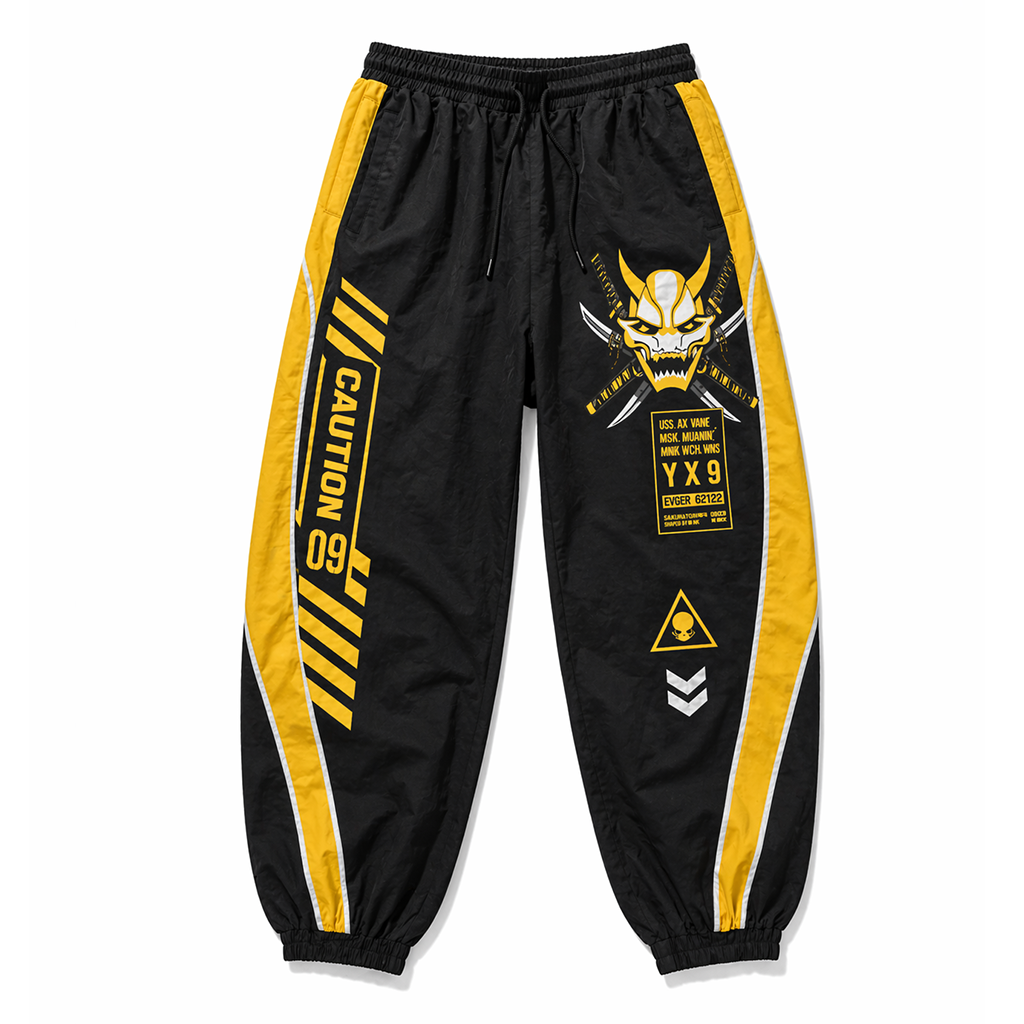Techwear Oni Mask Graphic Black & Yellow Jogger Pants with Pockets - Pants & Joggers from NINEDGE