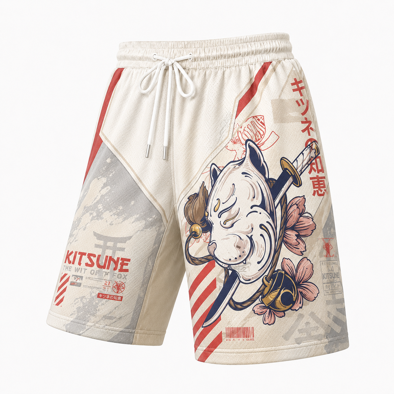 Japanese Cream Kitsune Graphic Shorts