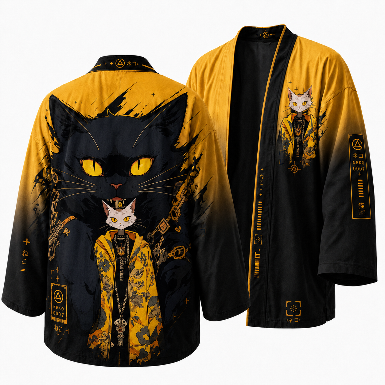 Japanese Techwear Black Cat Kimono Jacket