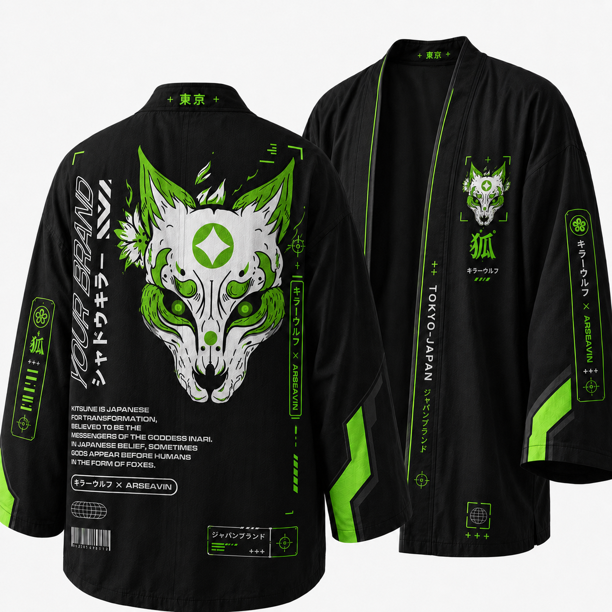 Japanese Techwear Neon Kitsune Kimono Jacket