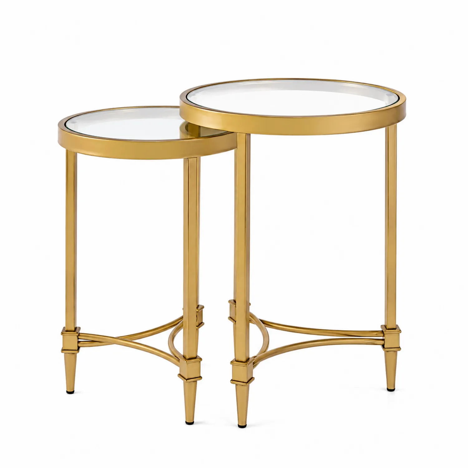 Runde Beistelltische aus gehärtetem Glas und Edelstahl in Gold, 2er Set-veltrionax