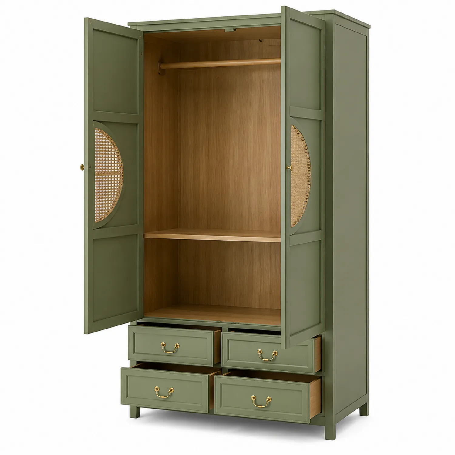 Holz-Kleiderschrank mit Rattaneinsätzen Grün-veltrionax