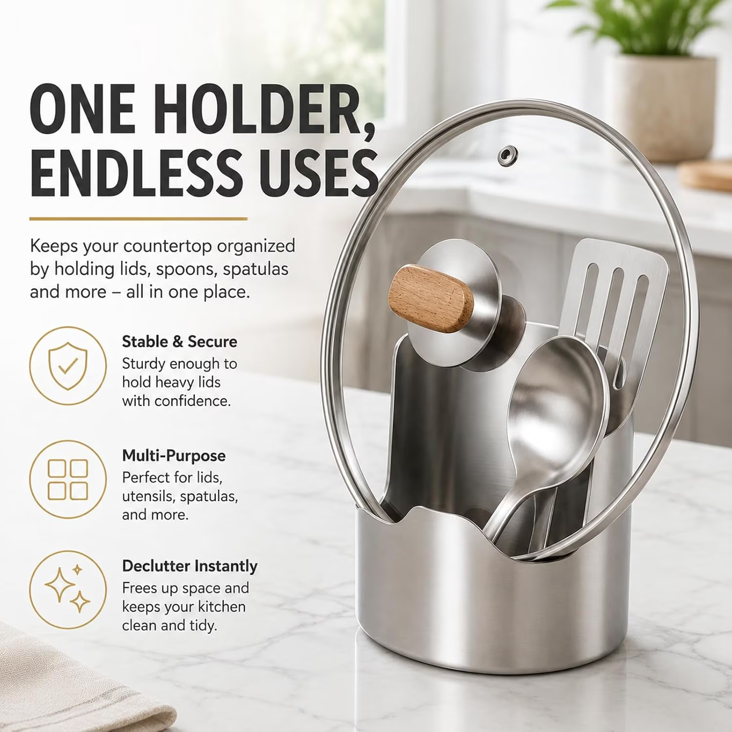 2 In1 Multi-functional Kitchen Utensil Holder, Heavy Duty Stainless Steel Pot Lid & Spoon Rack, Space-Saving Vertical Stand for Spatulas,Tongs,Ladles, Countertop Organizer,Thickened Storage Stand