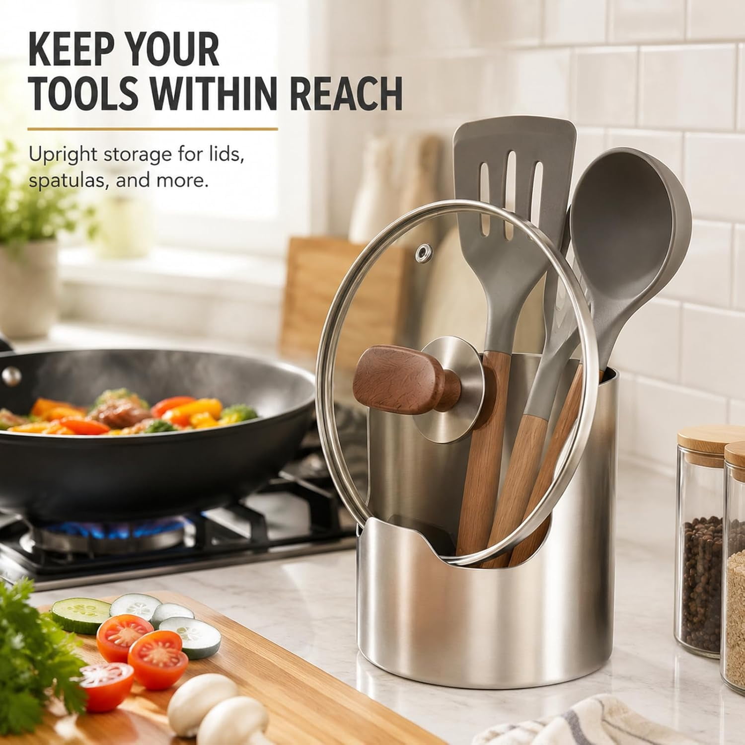2 In1 Multi-functional Kitchen Utensil Holder, Heavy Duty Stainless Steel Pot Lid & Spoon Rack, Space-Saving Vertical Stand for Spatulas,Tongs,Ladles, Countertop Organizer,Thickened Storage Stand