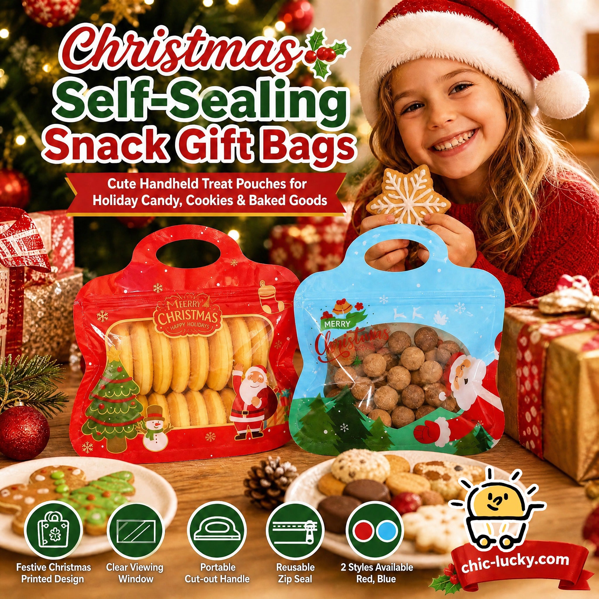 🎅LAST DAY SALE 49% OFF!!🎁Easy Fill, Easy Seal🎄 Festive Self-Seal Treat Bags – Santa & Snowman Print | Resealable, Food-Safe & Perfect for Cookies, Chocolates & Little Gifts⛄