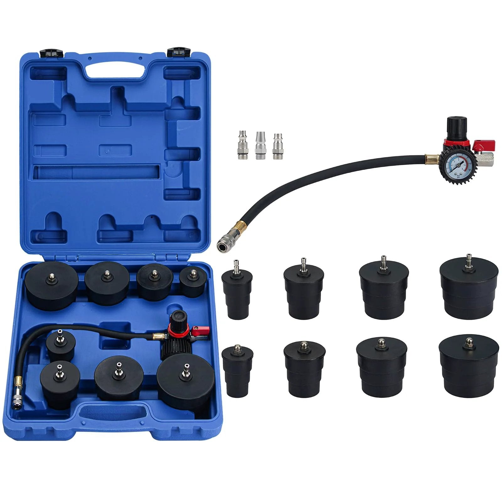 Turbo System Leak Tester Kit With Pressure Gauge And Four Pairs Of Stepped Adapters From One And Three Eighths Inch To Three And A Half Inch For Turbocharger Boost Leak Detection On Cars And Light Trucks