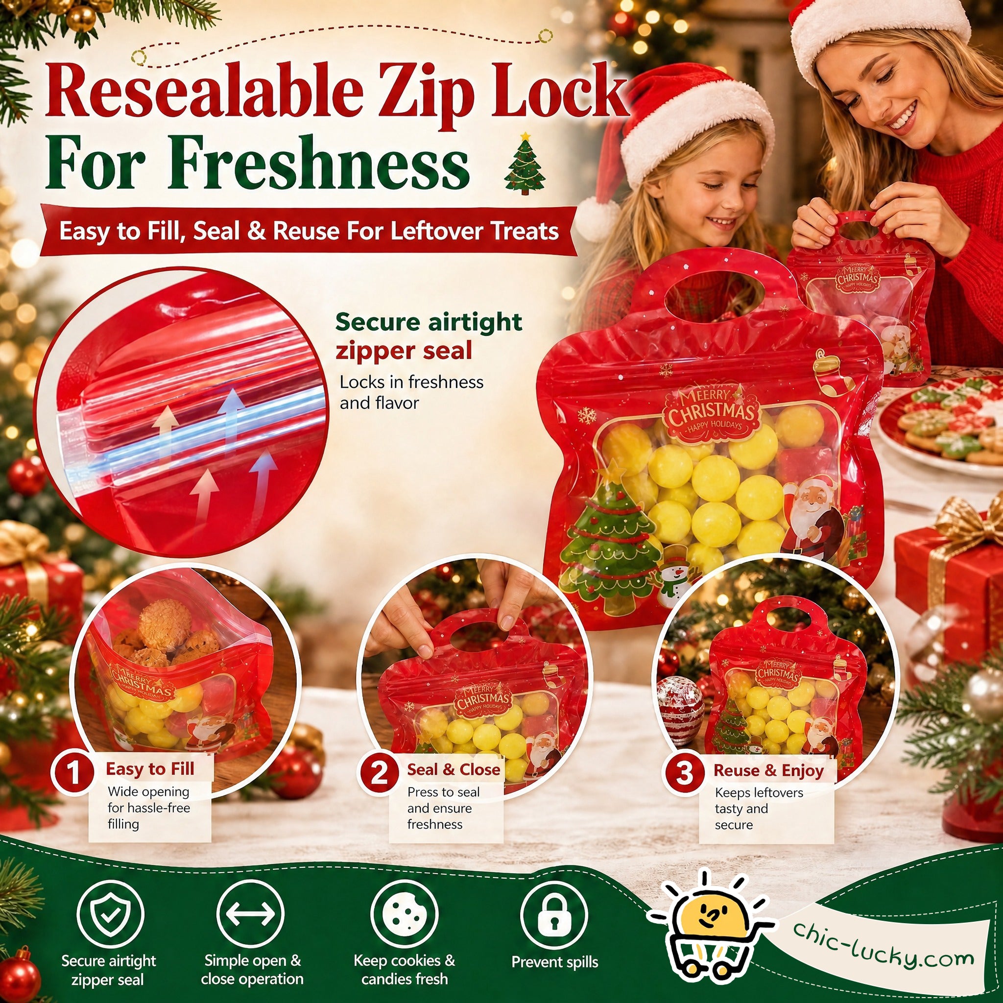 🎅LAST DAY SALE 49% OFF!!🎁Easy Fill, Easy Seal🎄 Festive Self-Seal Treat Bags – Santa & Snowman Print | Resealable, Food-Safe & Perfect for Cookies, Chocolates & Little Gifts⛄