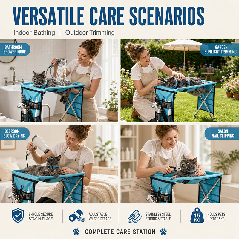 🐾49% OFF NOW ! ✂️2-in-1 Foldable Pet Grooming Bed – Breathable Mesh Cat & Dog Bathing Station with Storage Pockets, Home Pet Grooming Table
