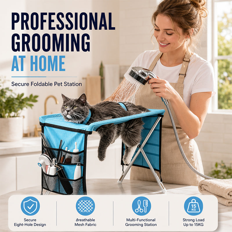 🐾49% OFF NOW ! ✂️2-in-1 Foldable Pet Grooming Bed – Breathable Mesh Cat & Dog Bathing Station with Storage Pockets, Home Pet Grooming Table