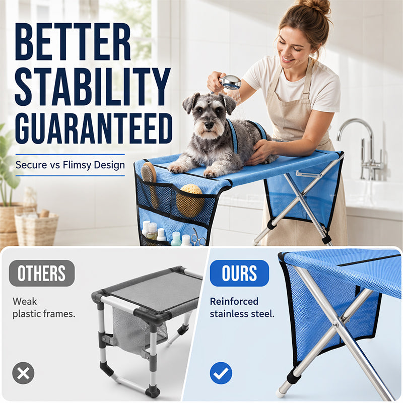 🐾49% OFF NOW ! ✂️2-in-1 Foldable Pet Grooming Bed – Breathable Mesh Cat & Dog Bathing Station with Storage Pockets, Home Pet Grooming Table