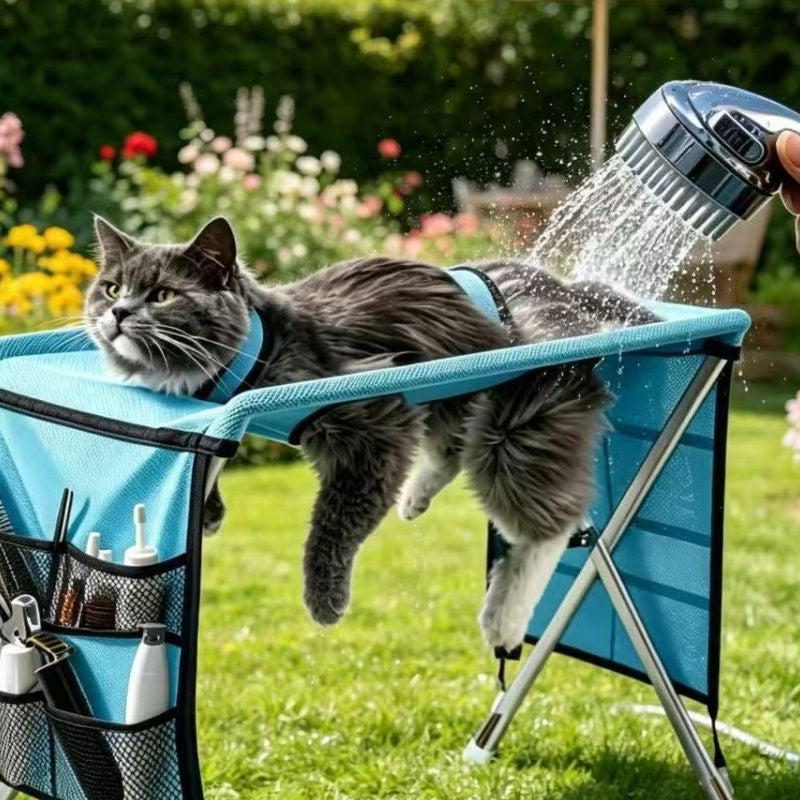 🐾49% OFF NOW ! ✂️2-in-1 Foldable Pet Grooming Bed – Breathable Mesh Cat & Dog Bathing Station with Storage Pockets, Home Pet Grooming Table
