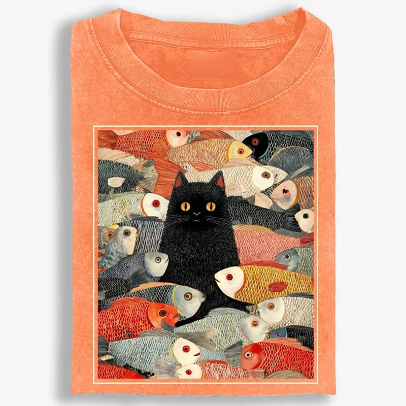 Black Cat Among Fish Art Retro Washed T-Shirt | 100% Cotton | Streetwear Essential