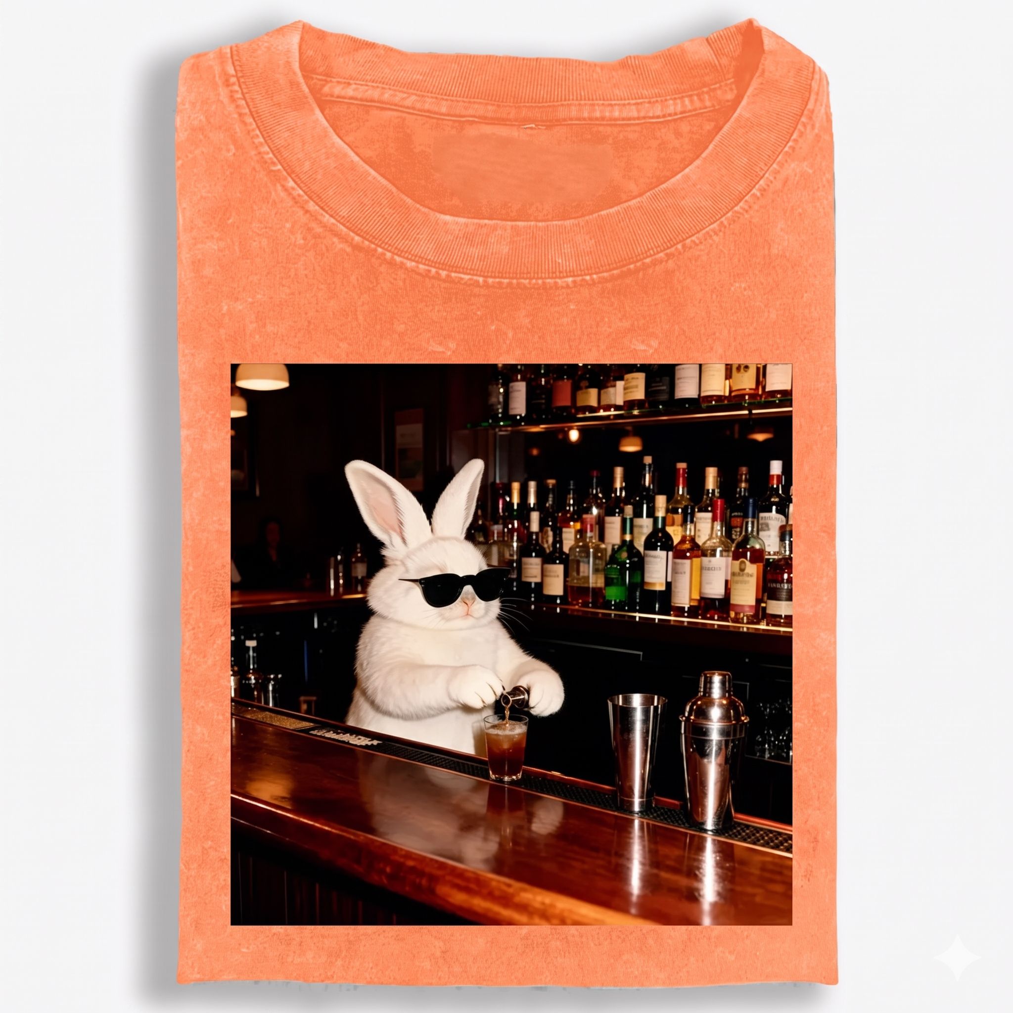 Bartender Rabbit Cool Guy Retro Washed T-Shirt | 100% Cotton | Streetwear Essential